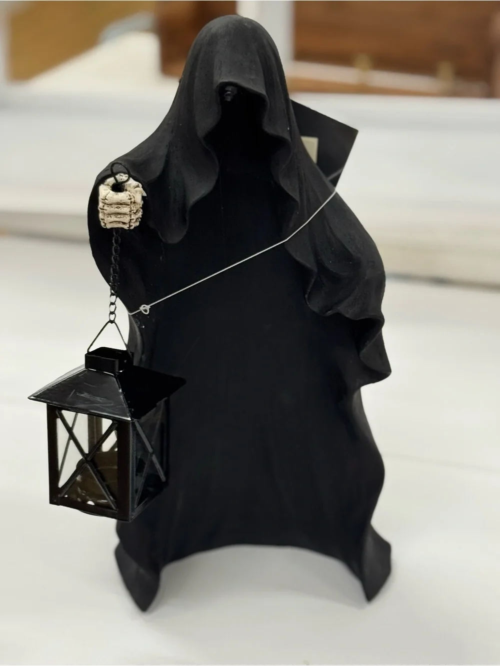 Black Hooded Lantern Figurine Home Accent - Decorative Lantern Holder